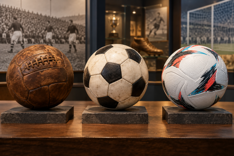 Tres balones que representan distintas etapas de la evolución del fútbol.