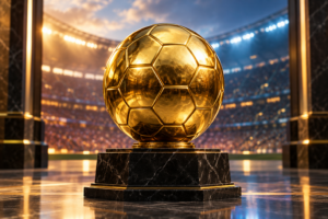 Balón dorado sobre un pedestal, representación del reconocimiento en el fútbol.