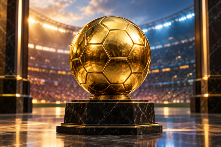 Balón dorado sobre un pedestal, representación del reconocimiento en el fútbol.