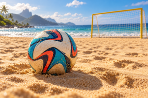 Balón de fútbol playa sobre la arena, con una portería y el mar al fondo.
