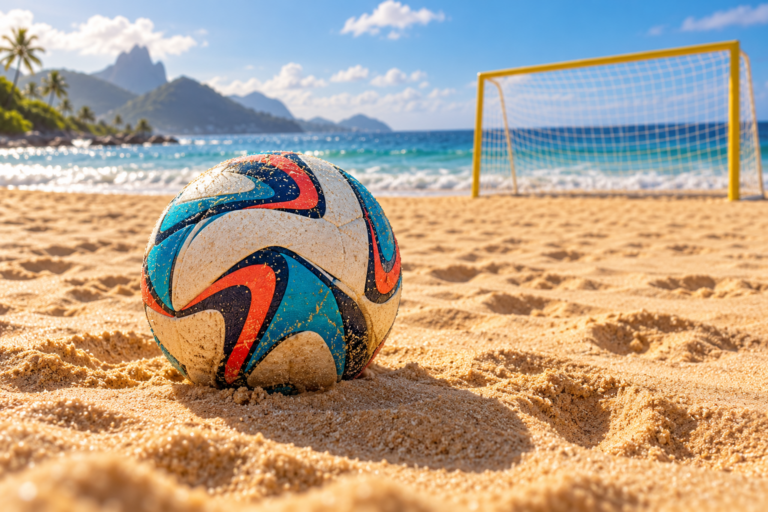 Balón de fútbol playa sobre la arena, con una portería y el mar al fondo.