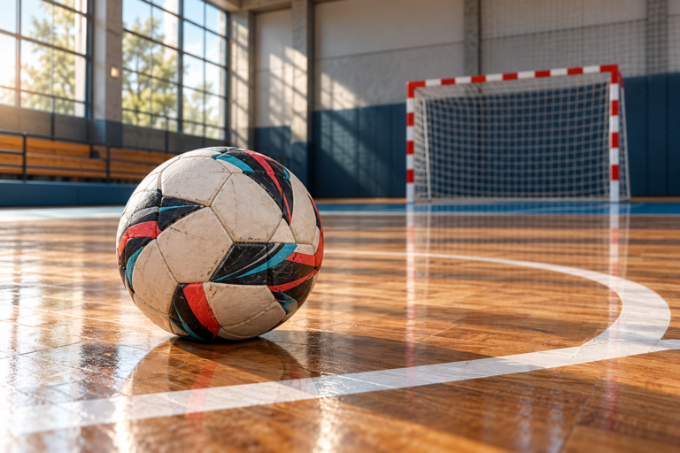 Balón de fútbol sala sobre una cancha cubierta de madera.