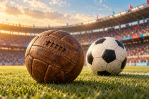 Balón antiguo de cuero y balón moderno sobre el césped de un estadio.