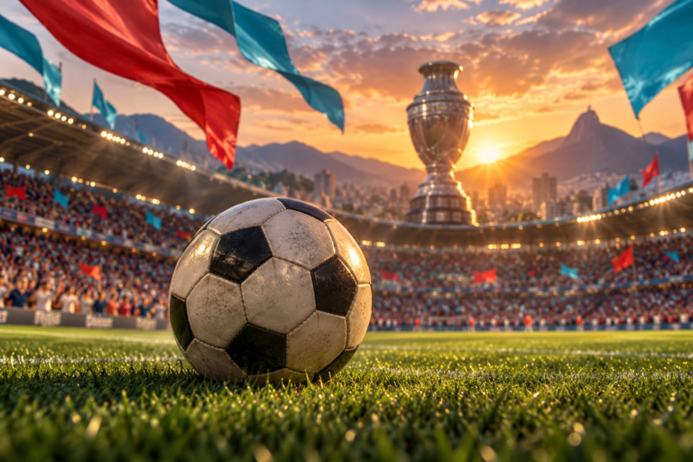 Balón y copa simbólica en un estadio de fútbol sudamericano.