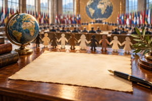 Documento, pluma y figuras humanas como símbolos de los derechos universales.