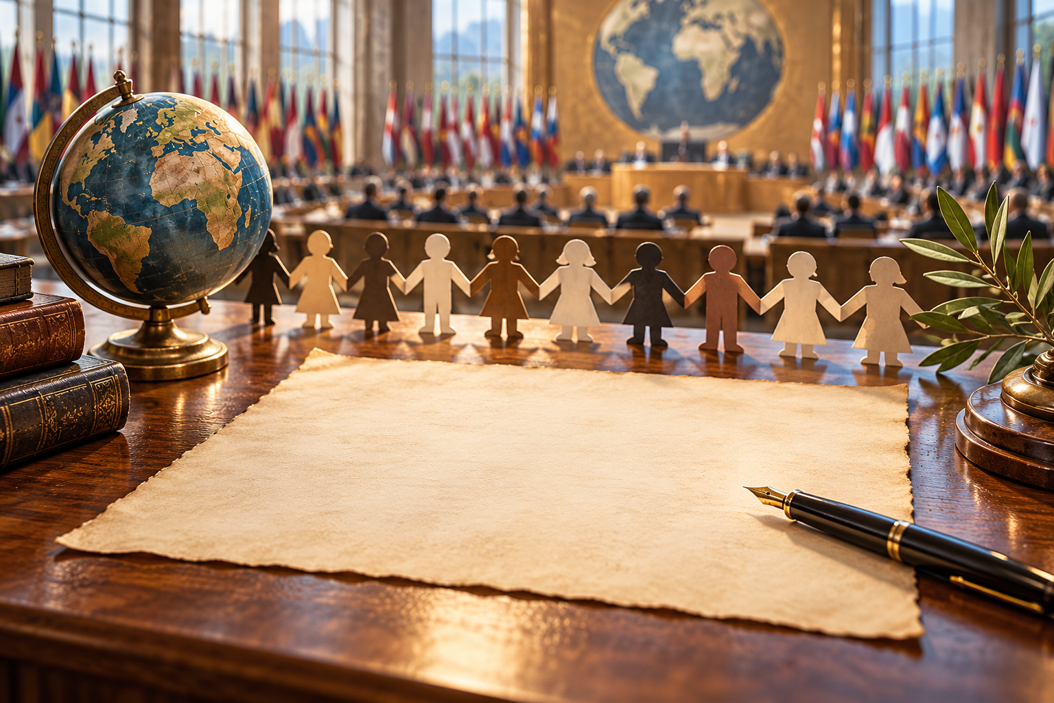 Documento, pluma y figuras humanas como símbolos de los derechos universales.