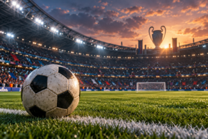 Balón de fútbol en un estadio europeo, con una copa simbólica al fondo.