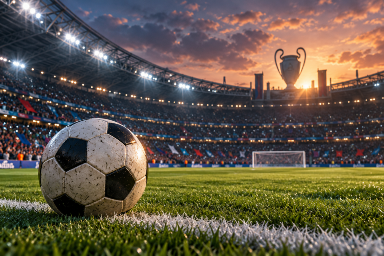 Balón de fútbol en un estadio europeo, con una copa simbólica al fondo.