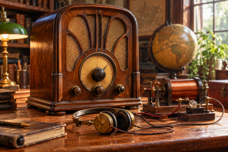 Radio de madera y receptor antiguo que evocan la historia de la radiodifusión.