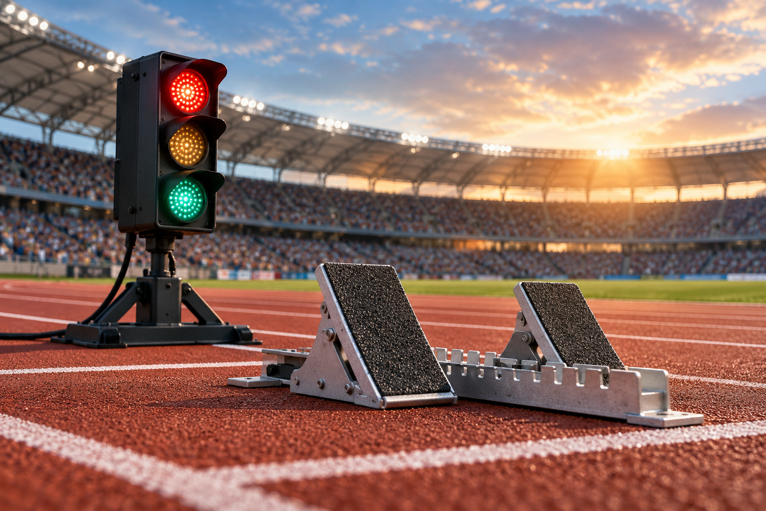 Bloques de salida y señal luminosa en una pista de atletismo.