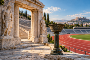 Estadio clásico, pista de atletismo y antorcha como símbolos de la historia olímpica.
