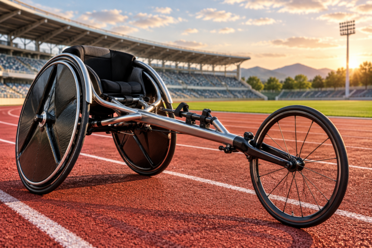 Silla de ruedas de competición junto a una pista de atletismo.