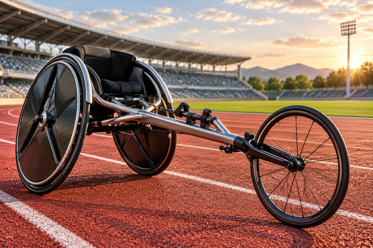 Silla de ruedas de competición junto a una pista de atletismo.