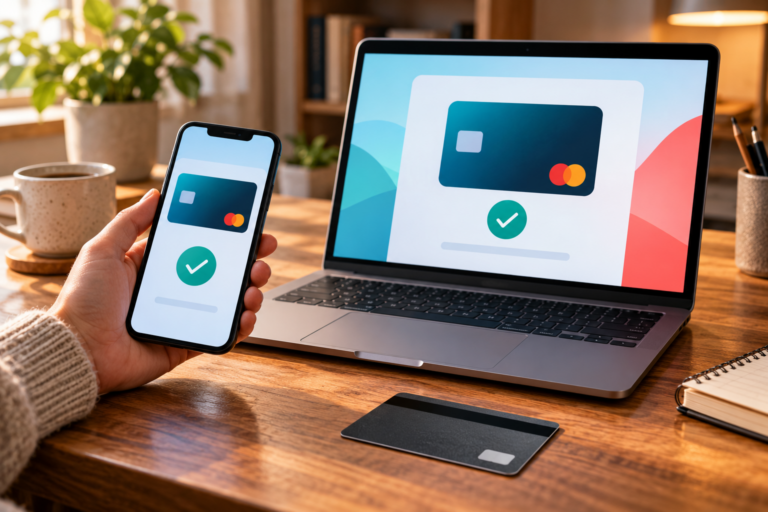 Ilustración conceptual de un pago digital entre un teléfono y una computadora.