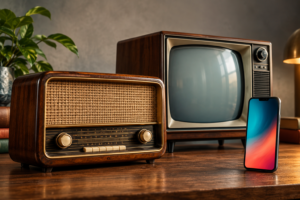Radio, teléfono y pantalla que representan la evolución de la electrónica de consumo.