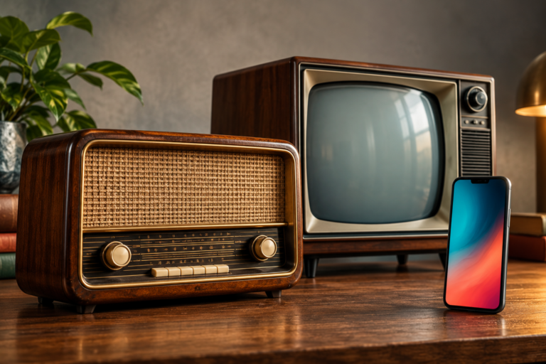 Radio, teléfono y pantalla que representan la evolución de la electrónica de consumo.