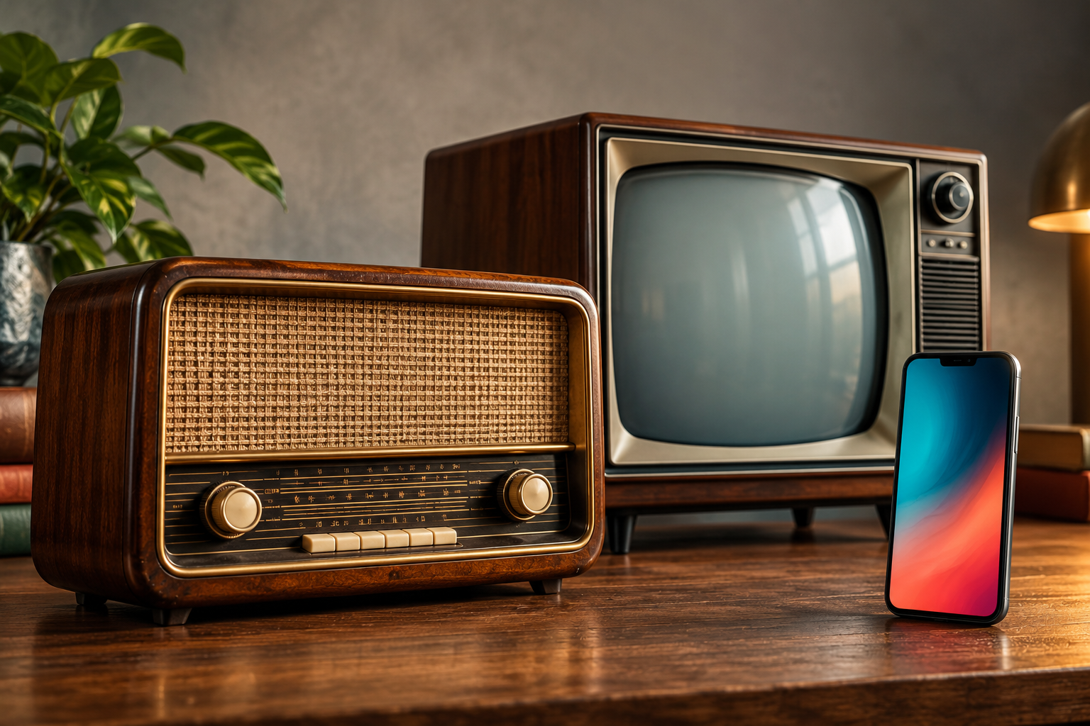 Radio, teléfono y pantalla que representan la evolución de la electrónica de consumo.
